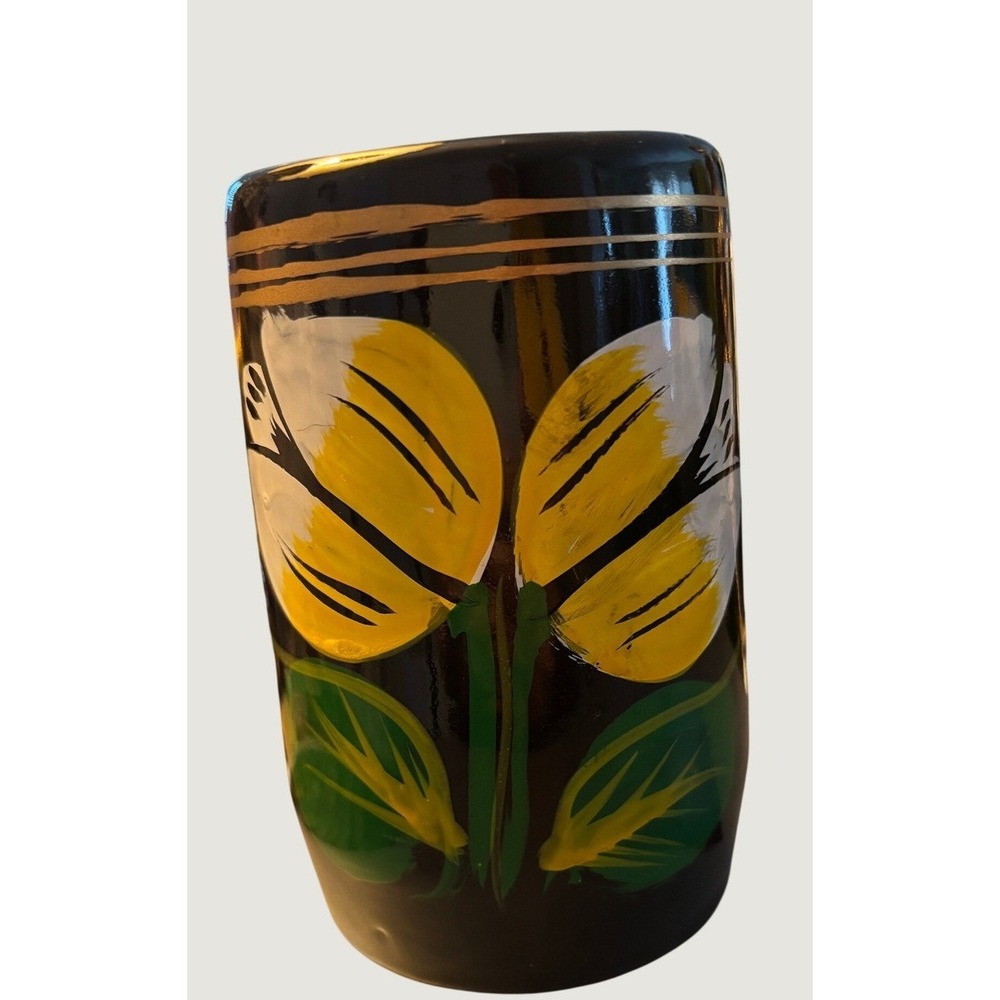 Vtg Hand painted Blk Ceramic Coffee mug folk art/mid Century design